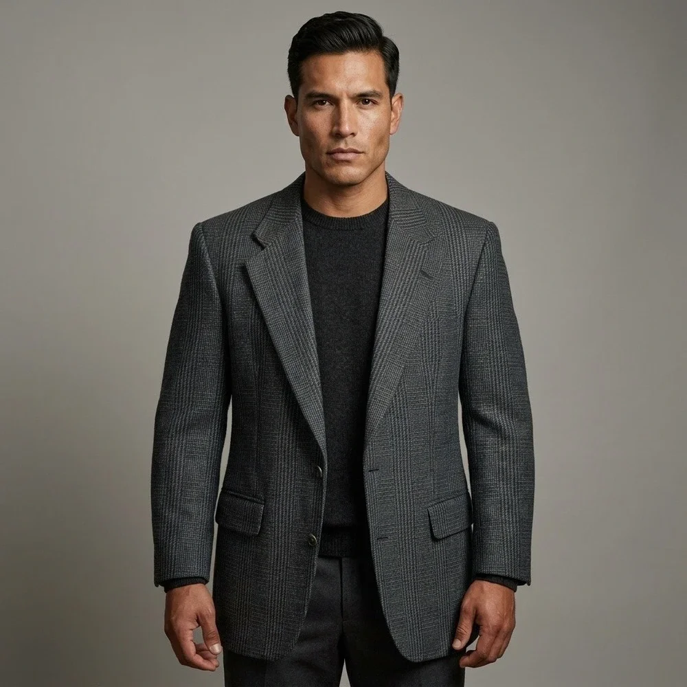 Burberrys Mens Vintage 100% Wool Glen Plaid Blazer Gray Blue Two Button 39R